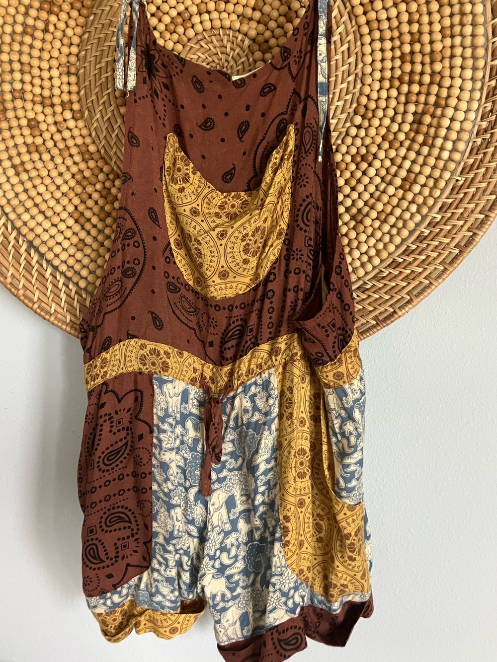 Boho Patchwork Bandana Romper in Rust, Mustard & Cream